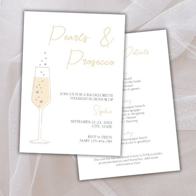 Invitación Perlas y Prosecco Elegante fin de semana de solter (Pearls & Prosecco Elegant Bachelorette Weekend Invitation weekend itinerary)