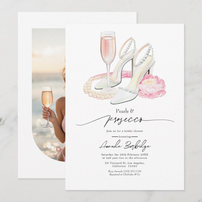 Invitación Perlas y Prosecco Foto de Desayuno de Novia (Anverso / Reverso)