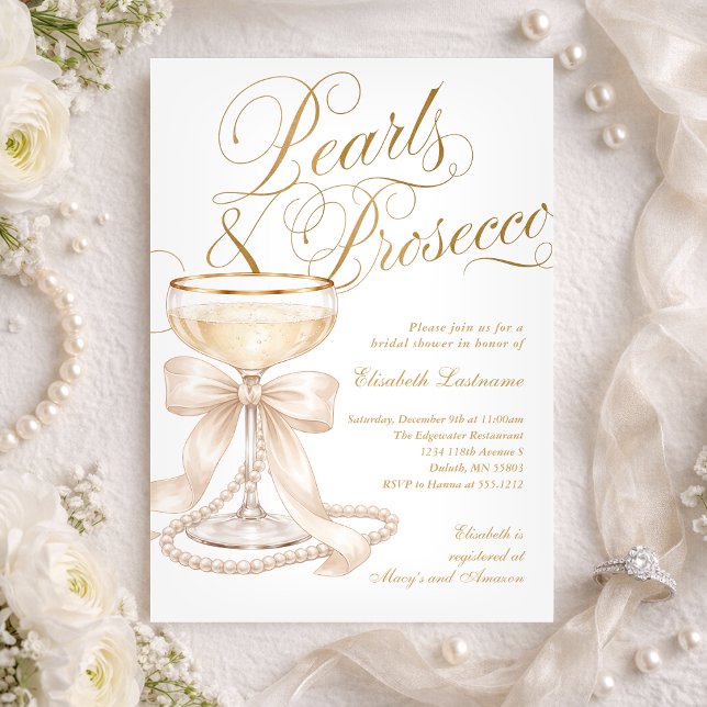 Invitación Perlas y Prosecco Lazo Blanco para Desayuno de Nov (Pearls and Prosecco White Bow Bridal Shower Invitation)