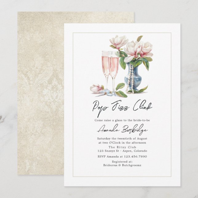 Invitación Perlas y Prosecco Pop Fizz Clink Despedida de Solt (Anverso / Reverso)