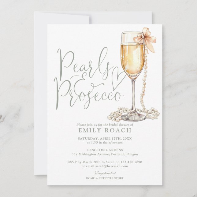 Invitación Perlas Y Prosecco QR Código Ducha Verde De Novias (Anverso)