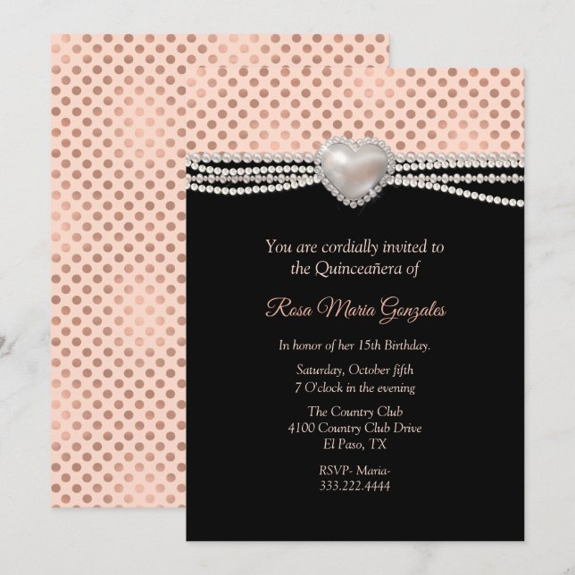 Invitación Perlas y puntos de polka Quinceañera  (Anverso / Reverso)