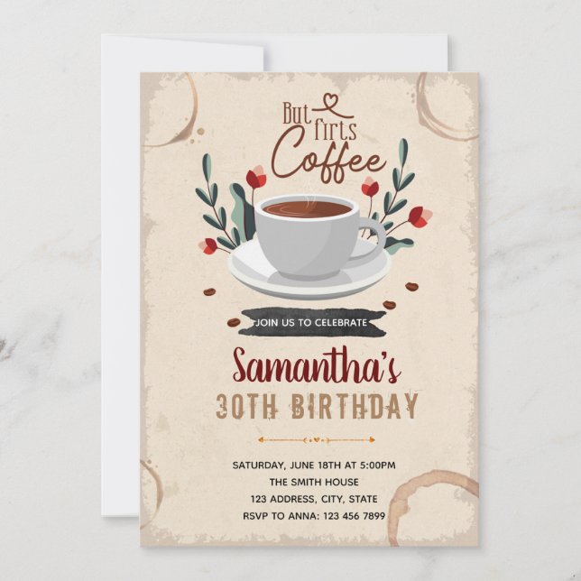 Invitación Pero primero cumpleaños tema café (Anverso)