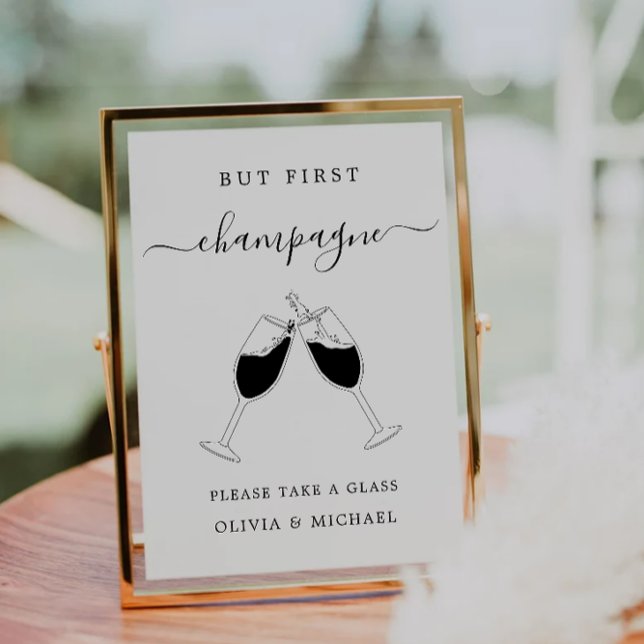 Invitación Pero primero, el Rótulo de bar Minimalista de Cham (But First, Champagne Minimalist Bar Sign Invitation)