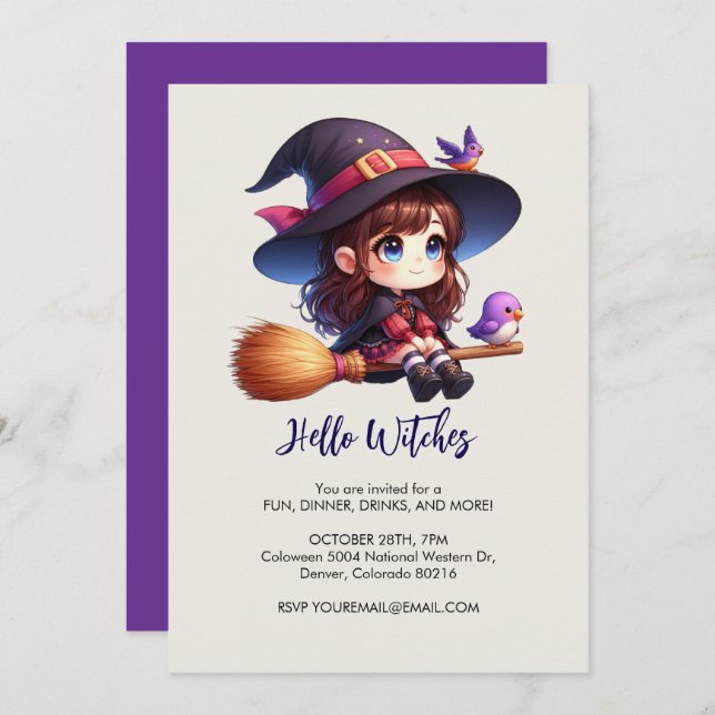 Invitación Perra dulce adorable con 2 pájaros, Halloween (Anverso / Reverso)