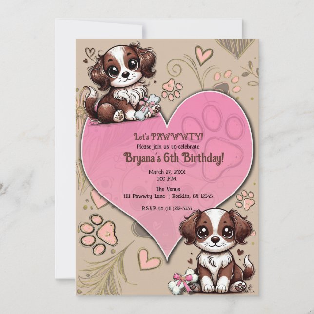 Invitación Perrito Cachorro Marrón y Blanco Corazón Rosa Fies (Anverso)
