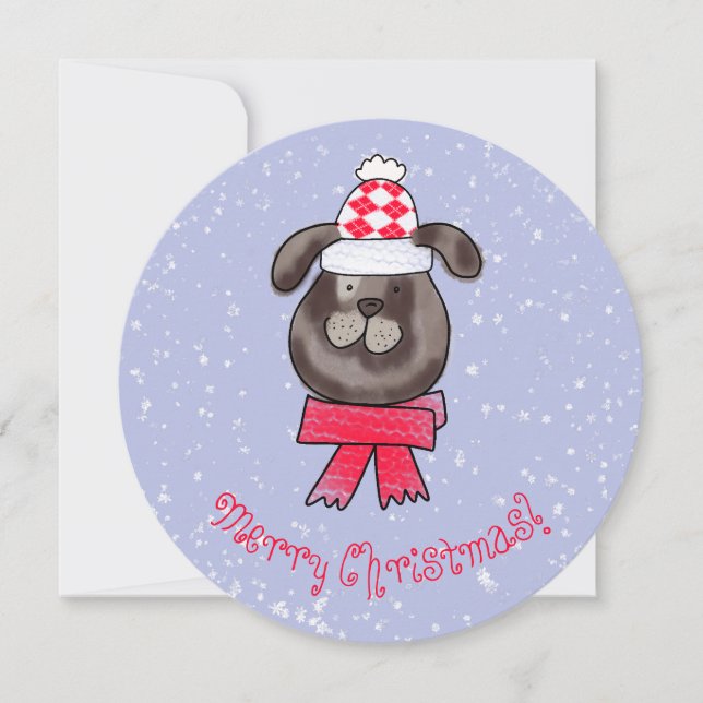 Invitación Perrito de Navidad con gorro y bufanda de punto (Anverso)