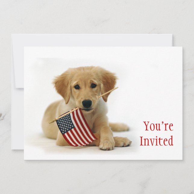 Invitación Perrito de oro y bandera americana (Anverso)