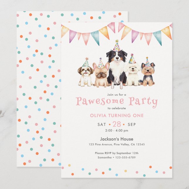 Invitación Perritos de fiesta adorables Cumpleaños número uno (Anverso / Reverso)