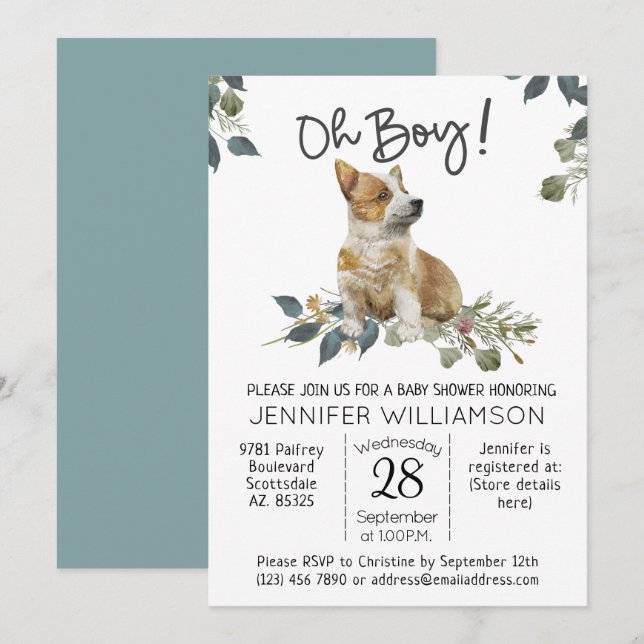 Invitación ¡Perro Baby Shower Oh Boy! Corgi Puppy (Anverso / Reverso)