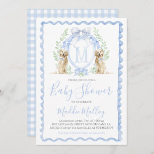 Invitación Perro Baby Shower Preppy Boy Puppy Blue Gingham