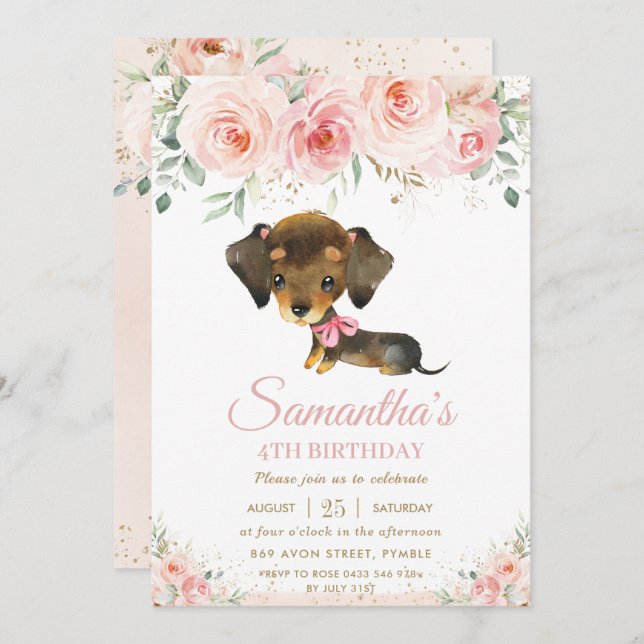Invitación Perro cachorro cachorro Perro rosado Chica floral  (Anverso / Reverso)