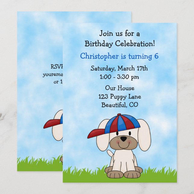 Invitación Perro cachorro con cachorro con sombrero de béisbo (Anverso / Reverso)