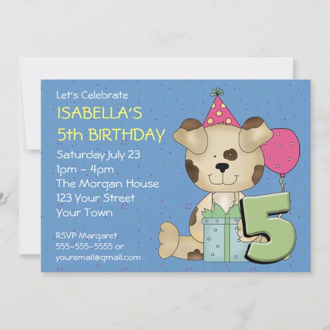 Invitación Perro cachorro de quinto cumpleaños, Personalizabl (Anverso)