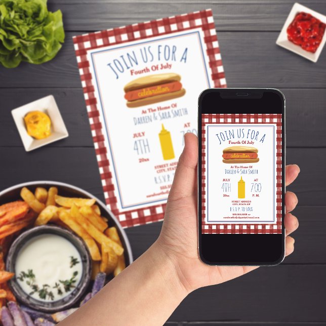 Invitación Perro caliente Mustard Red Gingham 4 de julio Fies (Subido por el creador)