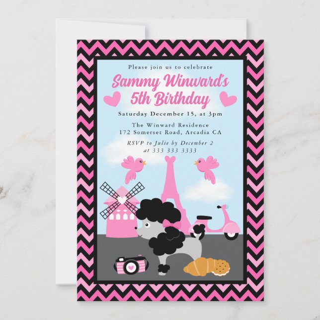 Invitación Perro Caniche Glamuroso en París Cumpleaños de Niñ (Anverso)