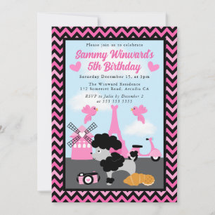 Invitación Perro Caniche Glamuroso en París Cumpleaños de Niñ