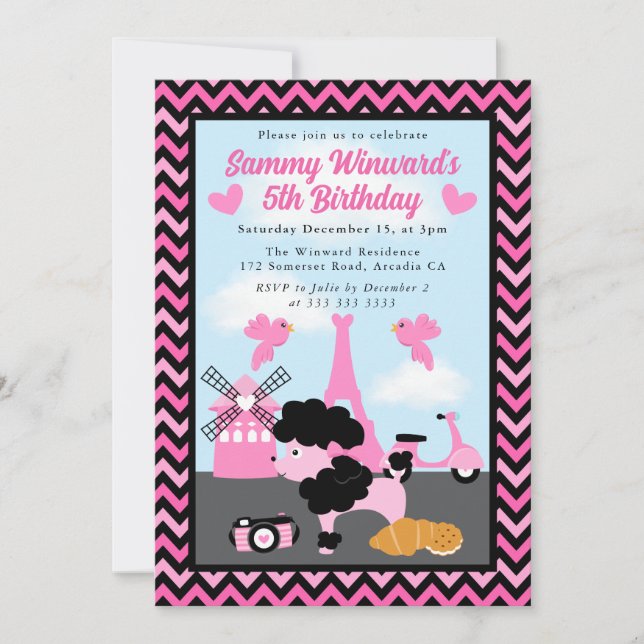 Invitación Perro Caniche Glamuroso en París Cumpleaños de Niñ (Anverso)