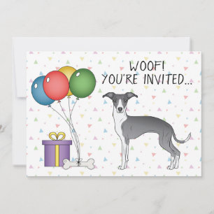 Invitación Perro Cumpleaños Lindo Galgo Italiano Blanco Y Azu