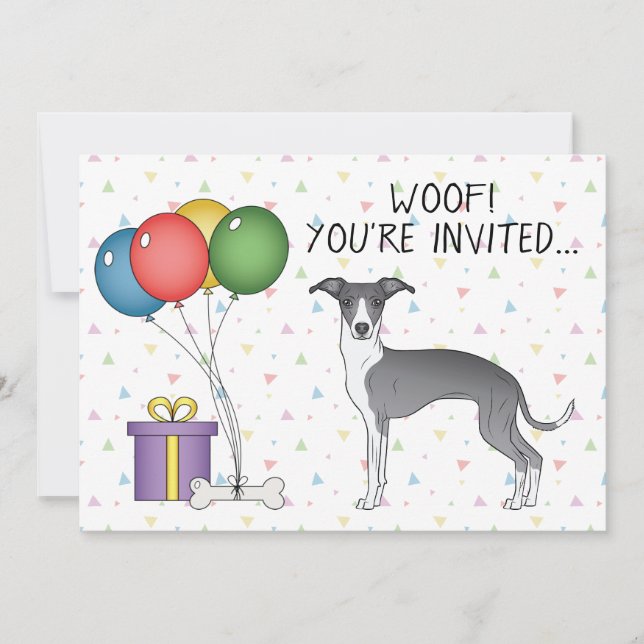 Invitación Perro Cumpleaños Lindo Galgo Italiano Blanco Y Azu (Anverso)