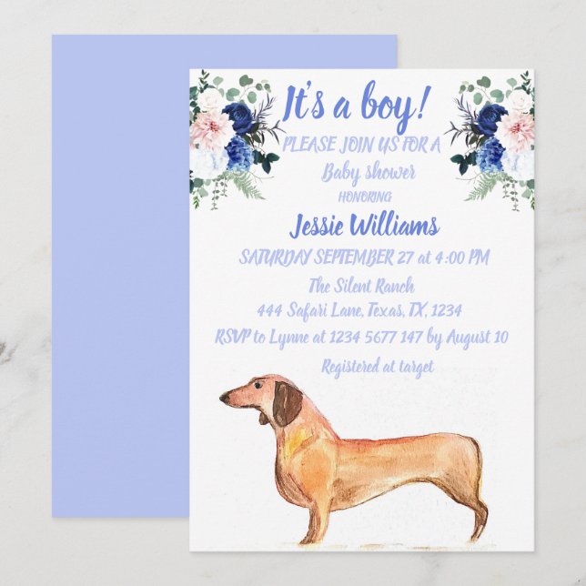 Invitación Perro Cute Dachshund Floral Azul Weiner Niño (Anverso / Reverso)