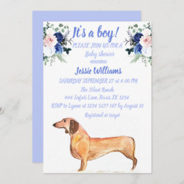 Invitación Perro Cute Dachshund Floral Azul Weiner Niño