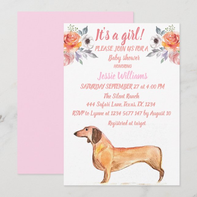 Invitación Perro Cute Dachshund Floral Lechadora Rosa Niña (Anverso / Reverso)