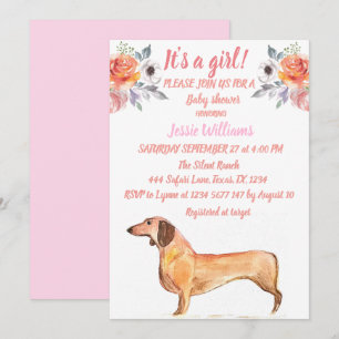Invitación Perro Cute Dachshund Floral Lechadora Rosa Niña