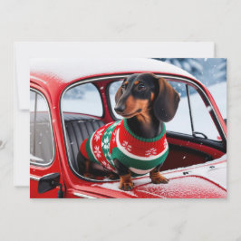 Invitación perro dachshund en un auto, y las vacaciones