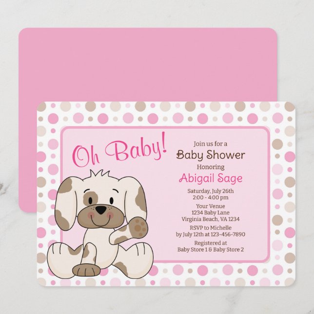 Invitación Perro de cachorro agudo rosado Baby Shower (Anverso / Reverso)