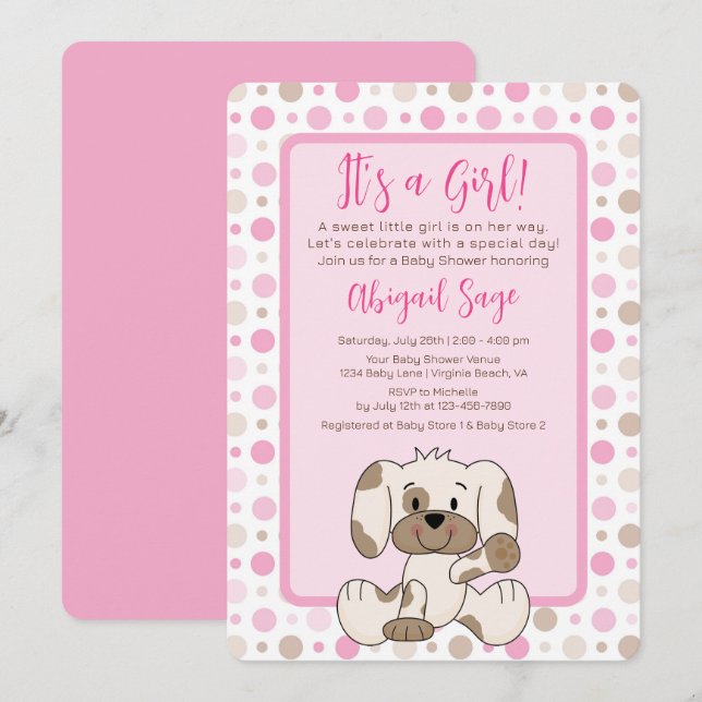 Invitación Perro de cachorro agudo rosado Baby Shower (Anverso / Reverso)