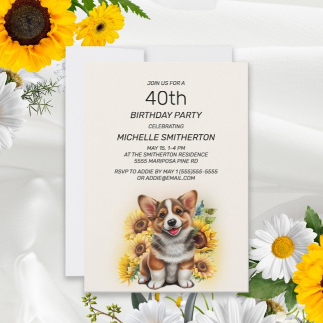 Invitación Perro de Corgi Cute Sunflower 40 cumpleaños (Subido por el creador)