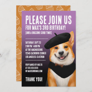 Invitación Perro de Corgi de Moda Cuidada con Beret y Bandana