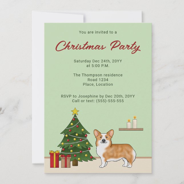 Invitación Perro De Corgi De Pembroke Rojo Y Árbol De Navidad (Anverso)