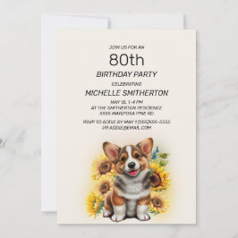 Invitación Perro de Corgi Sunflowers 80º cumpleaños