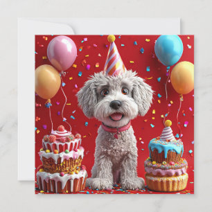 Invitación Perro de cumpleaños con pastel y globos