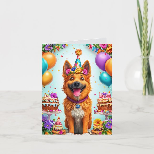 Invitación Perro de cumpleaños con pastel y globos (Anverso)