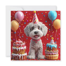 Perro de cumpleaños con torta y globos