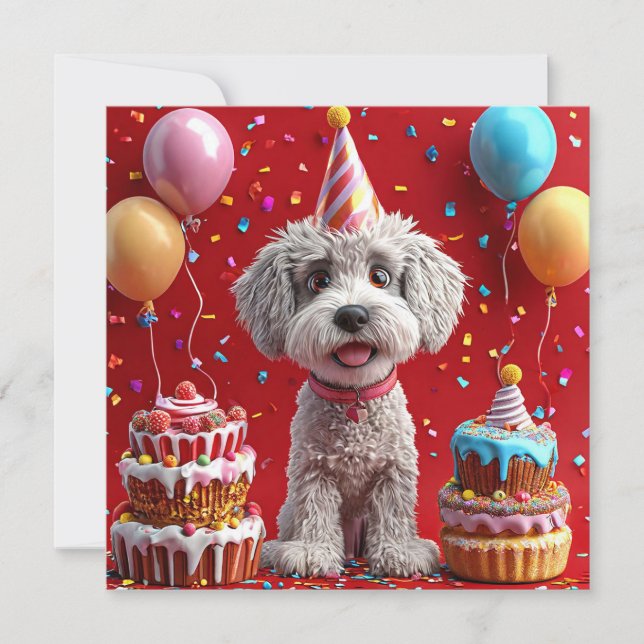 Invitación Perro de cumpleaños con torta y globos (Anverso)