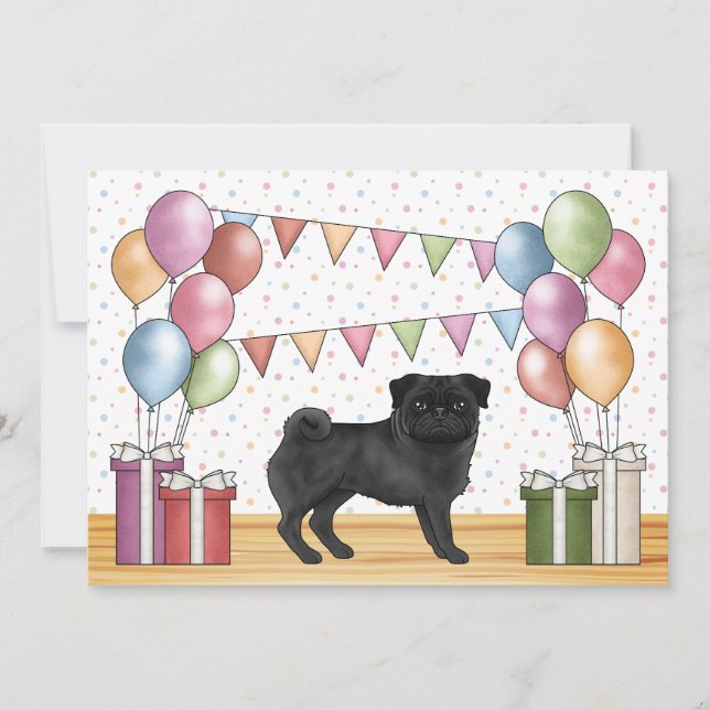 Invitación Perro de dibujos animados Pug negro Cumpleaños Col (Anverso)