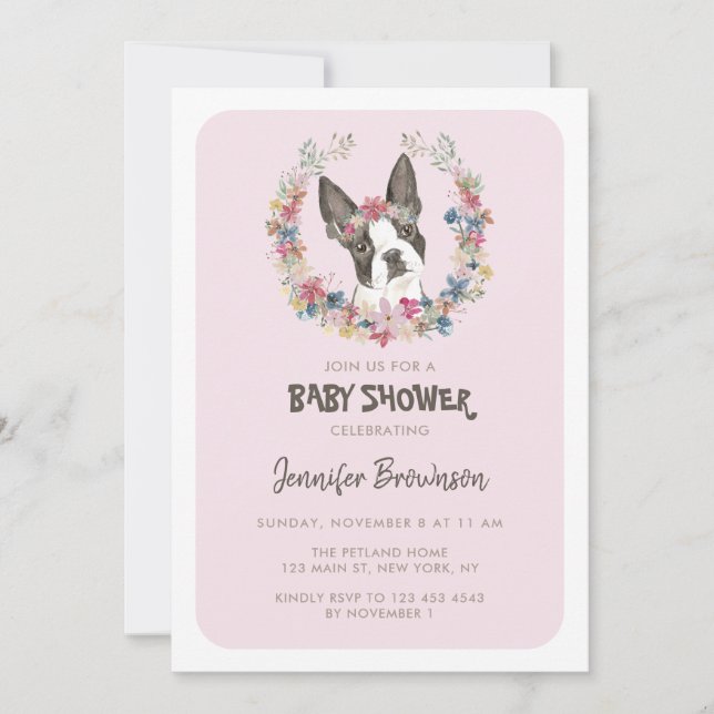 Invitación Perro de patas de Boston Terrier marco rosa (Anverso)