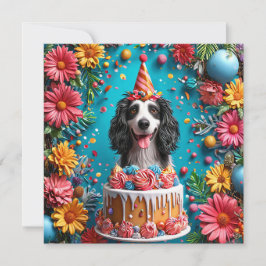 Invitación Perro feliz celebrando el cumpleaños con un pastel