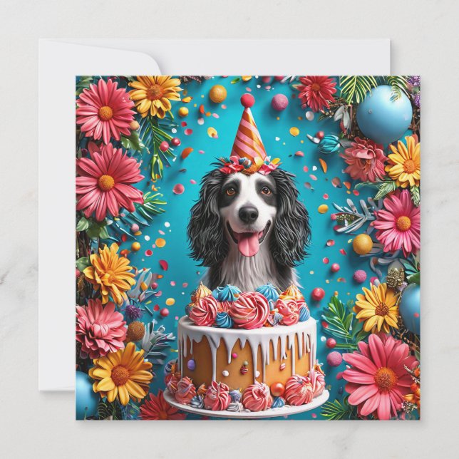 Invitación Perro feliz celebrando el cumpleaños con un pastel (Anverso)