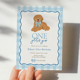 Invitación Perro Goldendoodle Azul Cumpleaños Dorado Primer A