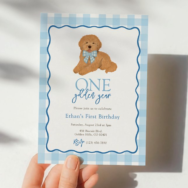 Invitación Perro Goldendoodle Azul Cumpleaños Dorado Primer A (Subido por el creador)