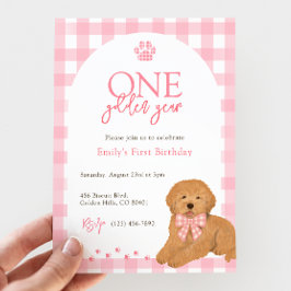 Invitación Perro Goldendoodle Rosa Un Año Dorado cumpleaños