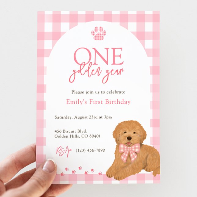 Invitación Perro Goldendoodle Rosa Un Año Dorado cumpleaños (Subido por el creador)