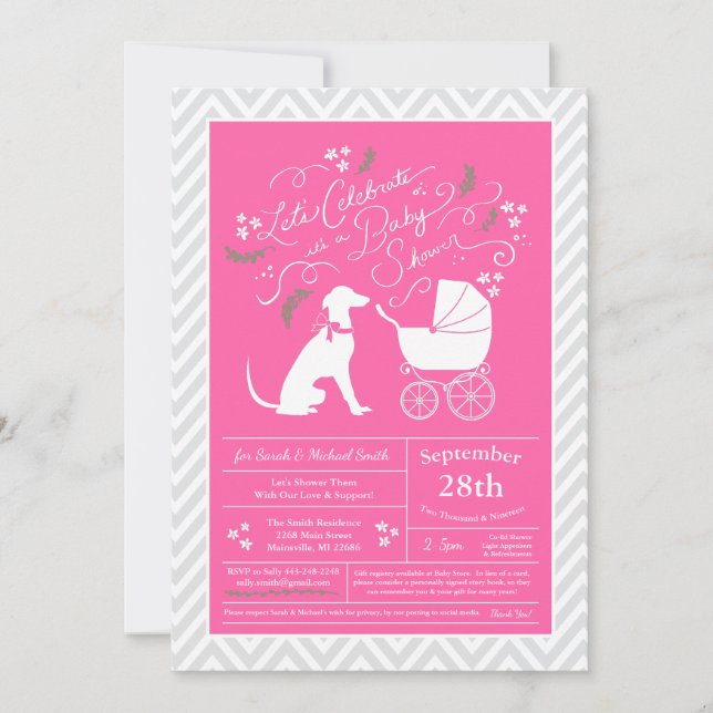 Invitación Perro Greyhound Chica Baby Shower Rosa (Anverso)
