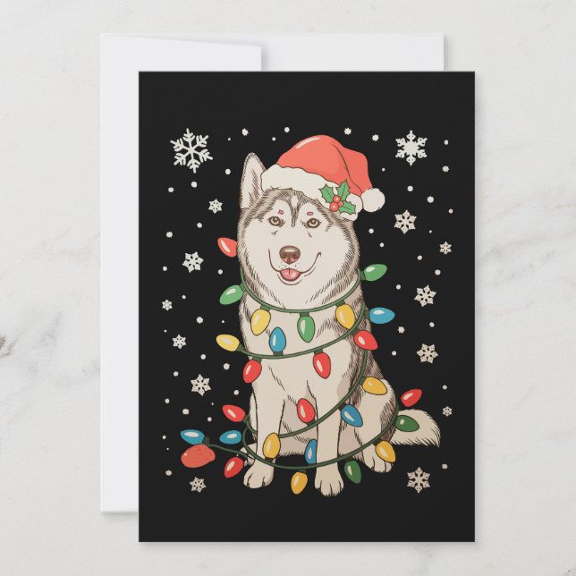 Invitación Perro Husky Gorro de Santa Luces del Árbol de Navi (Anverso)