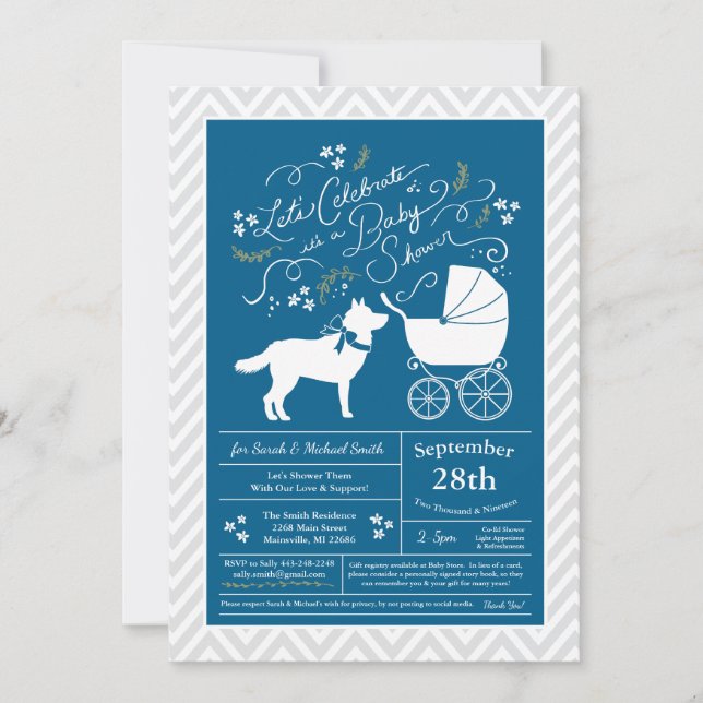 Invitación Perro Husky Siberiano Baby Shower Blue Boy (Anverso)